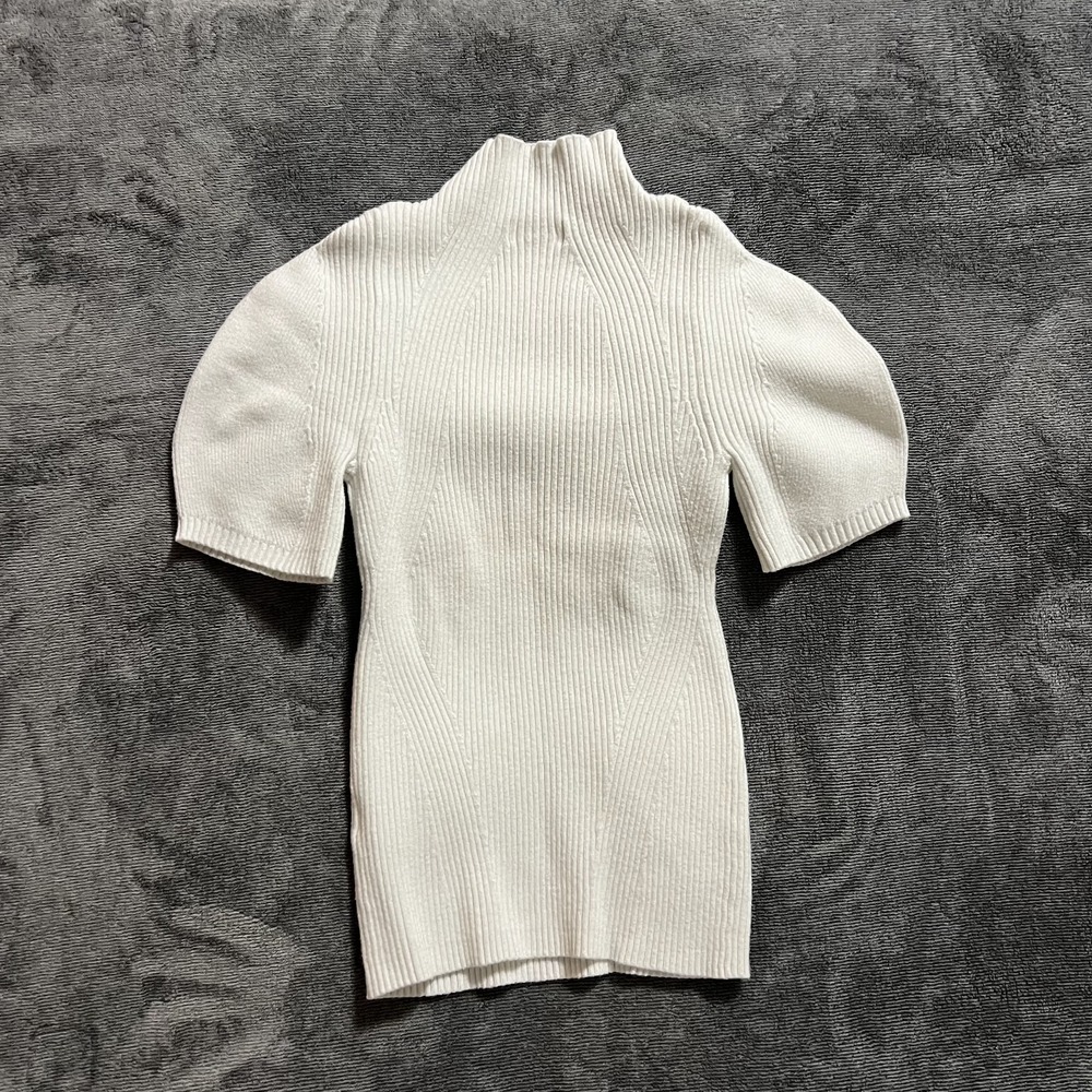 Maeve Anthropologie Ivory Ribbed Puff Short Sleeve Mock Neck Sweater Size Small